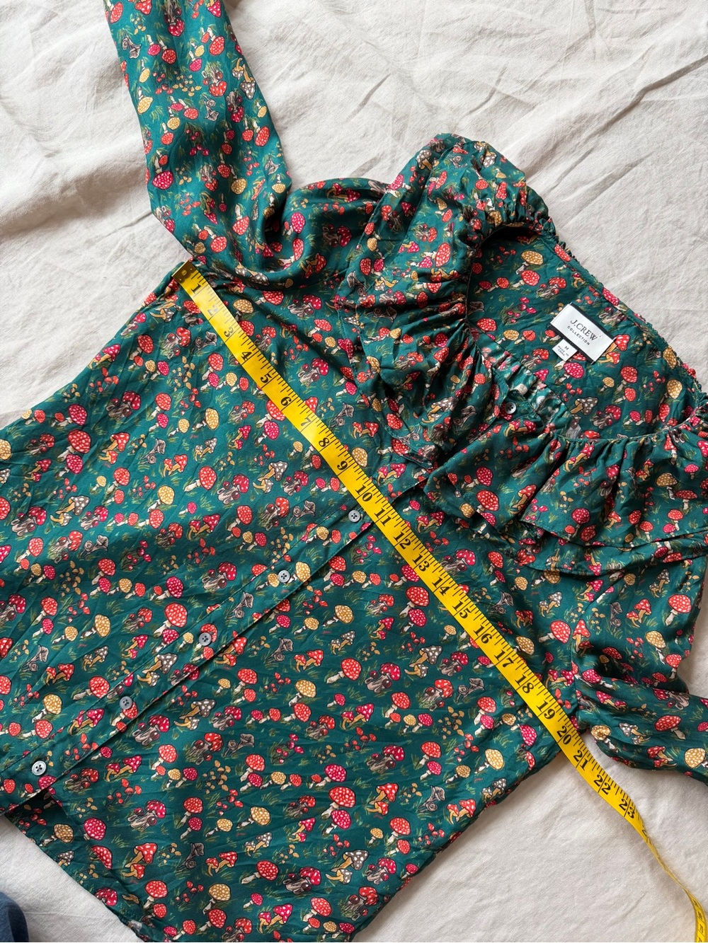 J. Crew collection 100% silk Forest Green Floral Ruffle-Trim mushroom Blouse - Picture 9 of 11